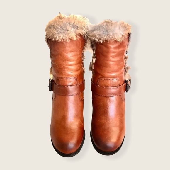 RARE Frye Penny Lux Rabbit Fur-Lined Cognac Leather Buckle Heeled Ankle Booties - Picture 7 of 15